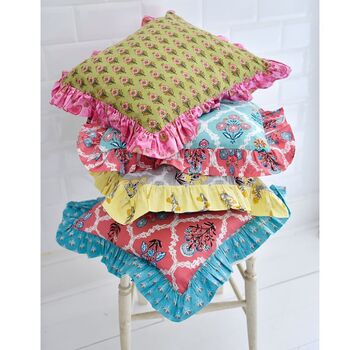 Block Printed Turquoise And Pink Floral Indian Cushion, 2 of 2