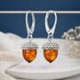 Large Sterling Silver Baltic Amber Acorn Drop Earrings, thumbnail 1 of 4