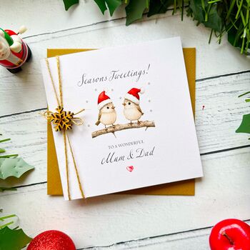 Mum And Dad Robin Christmas Card. Customisable, 5 of 5