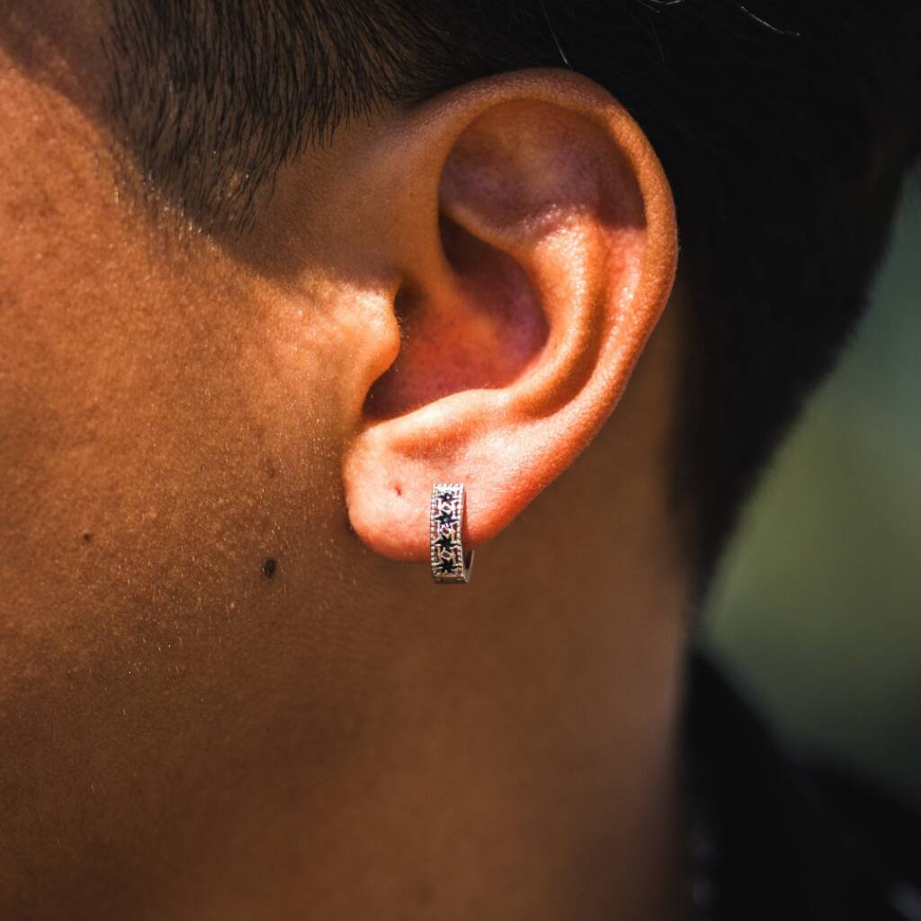 Silver Origin Black Patterned Huggie Hoop Earring For Men, 1 of 5