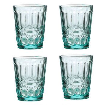 Set Of Four Embossed Turquoise Glass Tumblers, 2 of 7