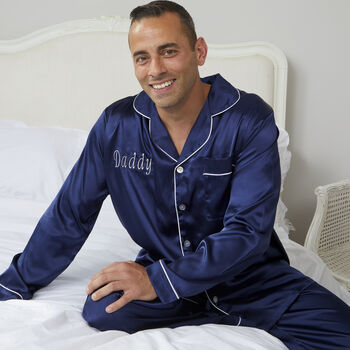 Men's Personalised Navy Satin Pyjamas, 2 of 3