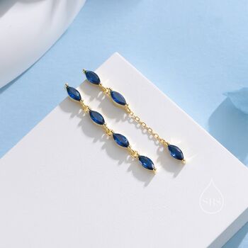 Asymmetric Sapphire Blue Cz Dangle Drop Stud Earrings, 4 of 12
