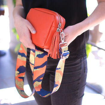 Orange Leather Crossbody Bag With Patterned Strap, 5 of 8