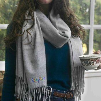 Personalised Embroidered Name Grey Big Cashmere Scarf, 3 of 10