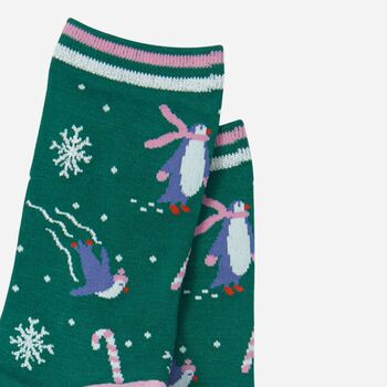 Women's Christmas Green Glitter Penguin Bamboo Socks, 3 of 3