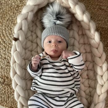 Personalised Red Single Pom Pom Christmas Hat And Booties, 2 of 5