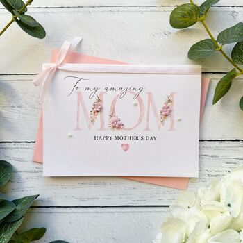 Handmade Mother's Day Card Pink Flowers And Pearls Design, Customisable, 2 of 7