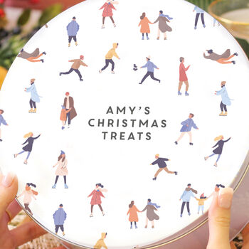 Personalised Christmas Ice Skating Pattern Cake Tin Gift For The Home, 2 of 2