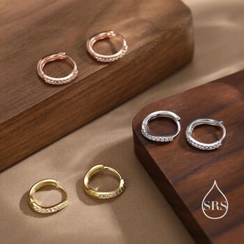 Sterling Silver Irregular Shaped Minimalist Cz Crystal Huggie Hoop Earrings, 2 of 11