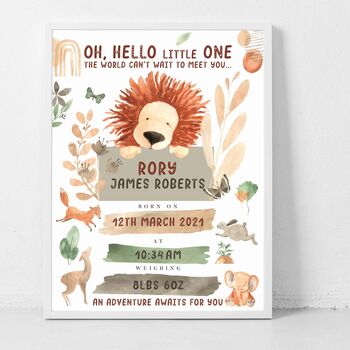 Personalised Keepsake Birth Print Lion And Friends, 4 of 5