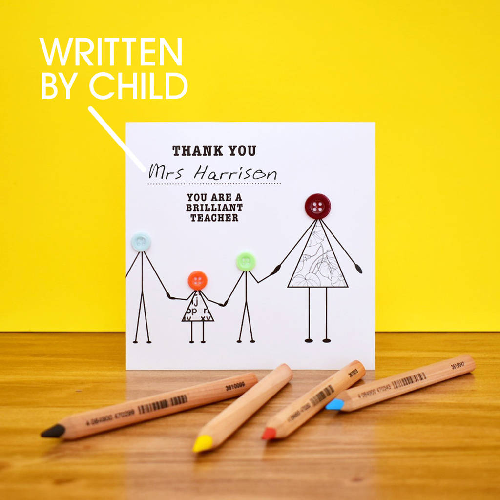 thank you card for teachers with button children and personal message