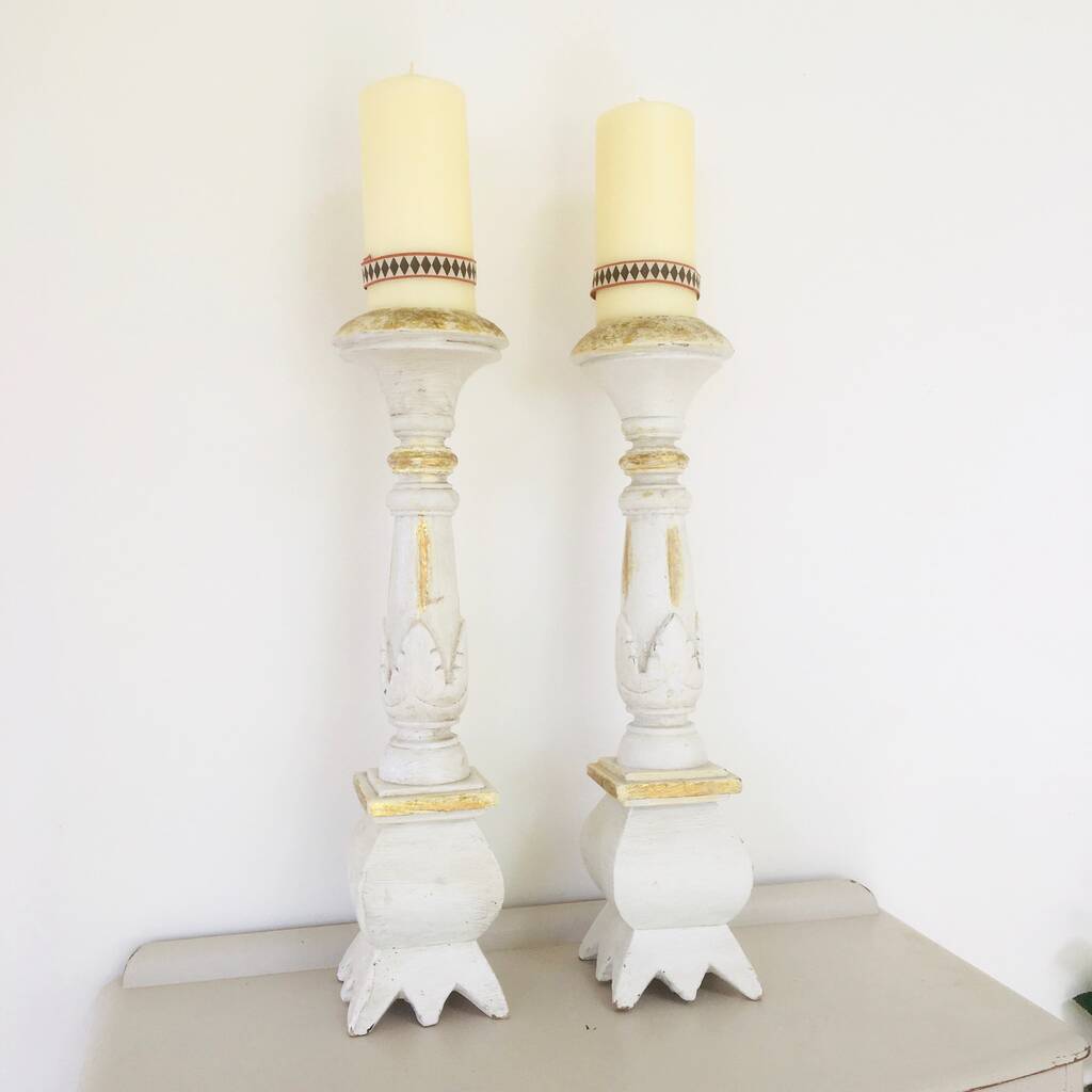 Pair Of Extra Large Vintage Painted Candlesticks By Chapel Cards