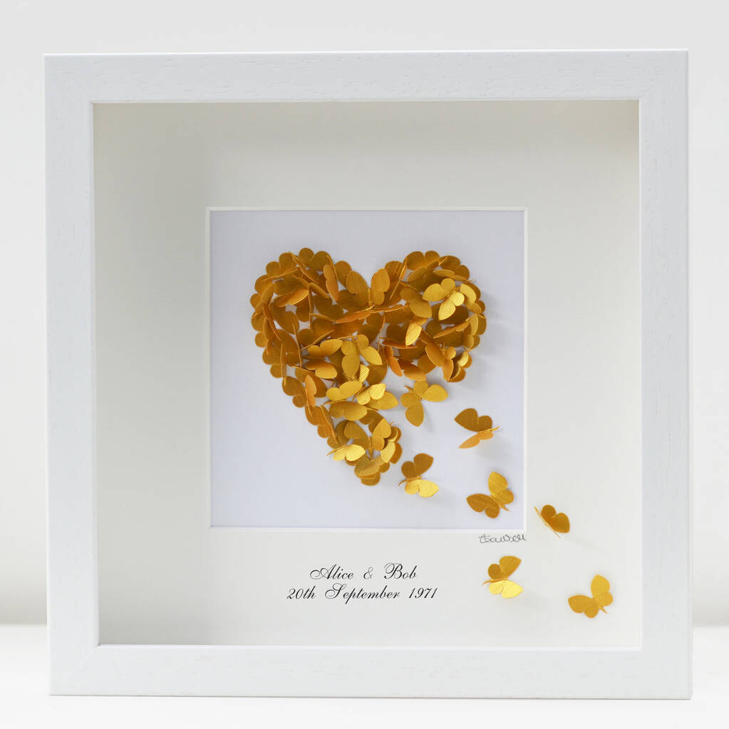 Framed Golden Wedding Anniversary Butterfly Heart, 1 of 8