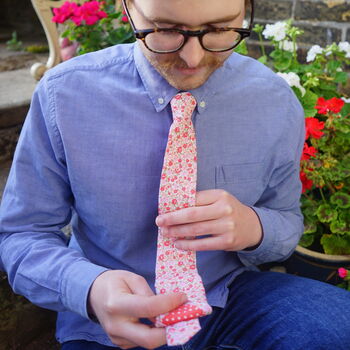 Mens Peach And Pink Ditzy Floral Slim Tie, 6 of 8
