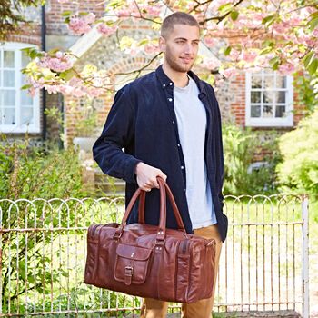 Personalised Brown Leather Holdall With Zipped Pockets, 3 of 11