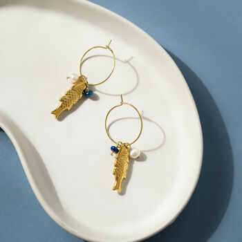 Golden Fish And Pearl Charm Hoop Earrings, 3 of 7