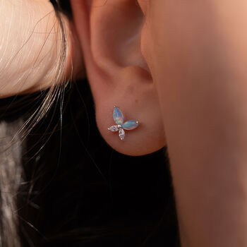 Sterling Silver Blue Opal Butterfly Stud Earrings, 2 of 7