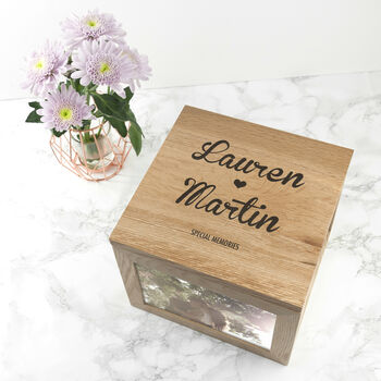 Personalised Couple's Heart Oak Photo Keepsake Box, 3 of 6