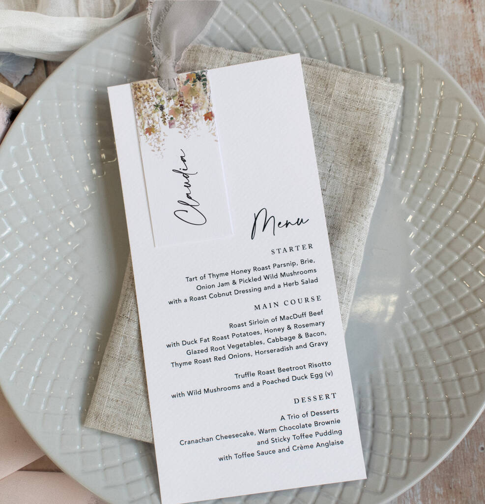 Whimsical Autumn Wedding Menu Cards With Guest Name Tags And Ribbon, 1 of 7