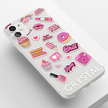 Personalised Pink Stickers Name Clear Phone Case, 4 of 5