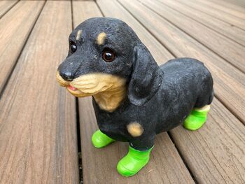 Dachshund Garden Ornament With Green Boots Sausage Dog, 6 of 9