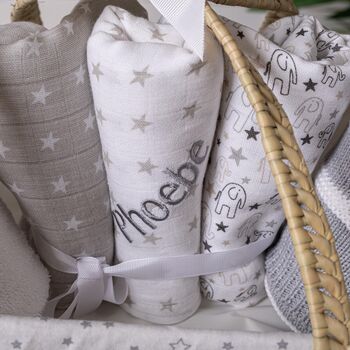 Personalised New Baby Gift Basket With Grey Elephant, 3 of 5