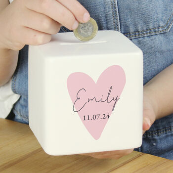 Personalised Pink Heart Ceramic Square Money Box, 2 of 6