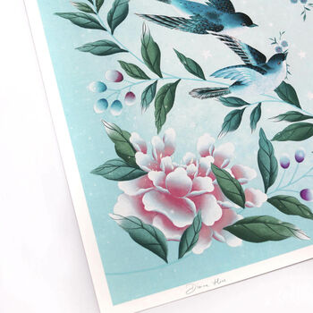 Birds, Flowers And Stars Bright Chinoiserie Print, 4 of 5
