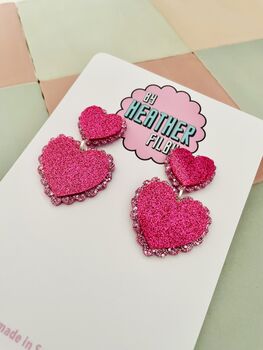 Twice The Love Pink Double Heart Glitter Resin Earrings, 4 of 6