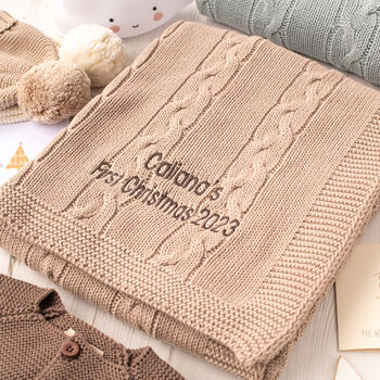 Dark Grey Cable Knitted Personalised Baby Blanket, 4 of 12