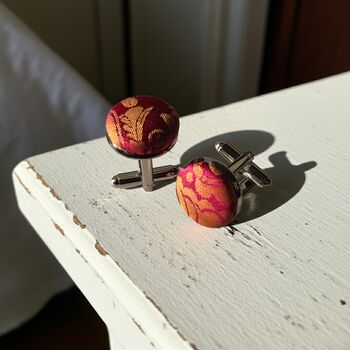 Pink And Orange Silk Brocade Covered Cufflinks, 5 of 6