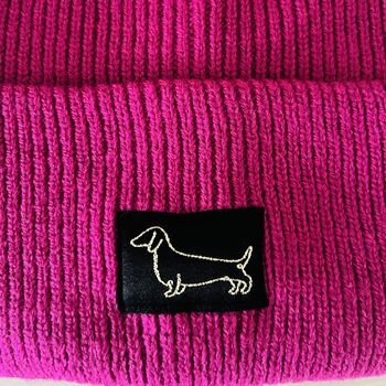 Deep Cuff Hot Pink Beanie With Embroidered Dachshund, 2 of 3