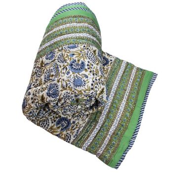 Green And Blue Floral Indian Block Printed Cotton Bed Quilt, 5 of 9