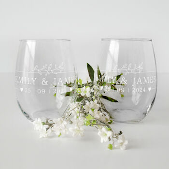 Set Of Two Wedding Botanical Stemless Wine Glasses, 3 of 7