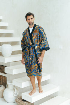 Men's Batik Kimono Robe In Royal Blue, 2 of 6