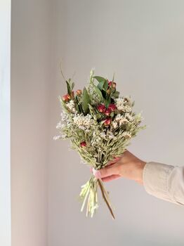 Dried Statice Bouquet With Red Spray Roses And Foliage, 4 of 5