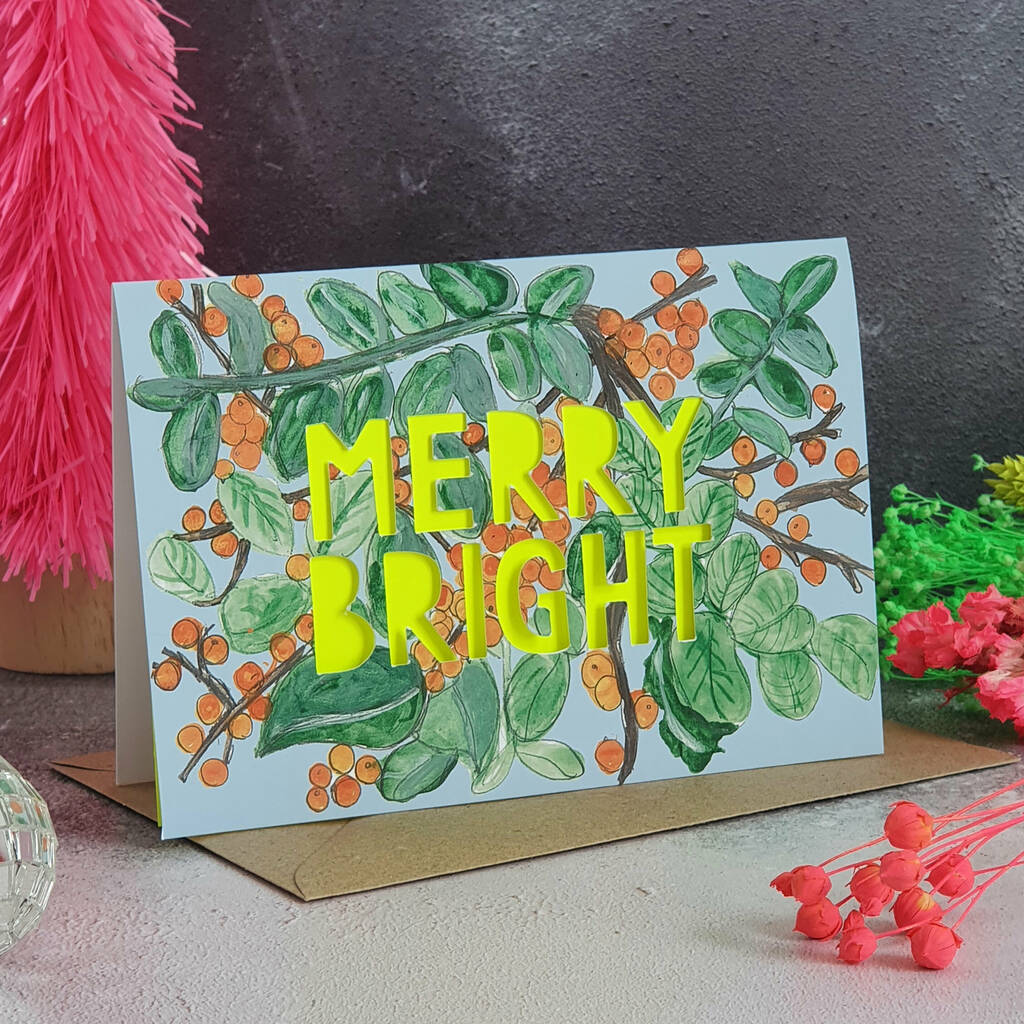 Merry Bright Neon Floral Papercut Christmas Card, 1 of 5