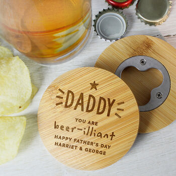 Engraved Star Bamboo Bottle Opener Coaster, 3 of 4