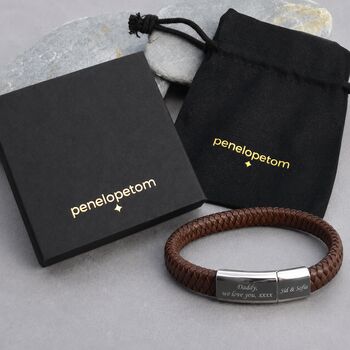 Men's Personalised Leather Plait Bracelet With Message, 7 of 8
