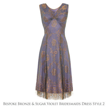 Bespoke Lace Bridesmaid Dresses In Bronze And Violet, 4 of 7