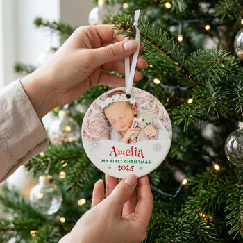 My First Christmas Photo Ceramic Disc Hanging Decoration Bauble + Gift Box, 2 of 8