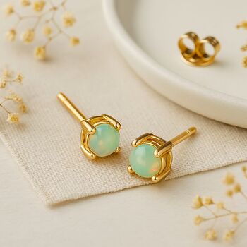 Solid 9ct Yellow Gold October Ethiopian Opal Birthstone Stud Earrings, 3 of 7