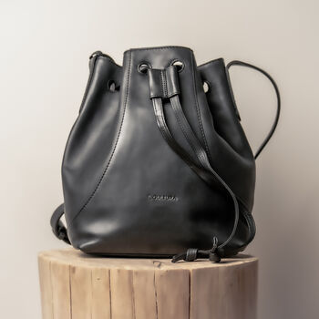 Resa Drawstring Bucket Bag: Black Leather, 3 of 10