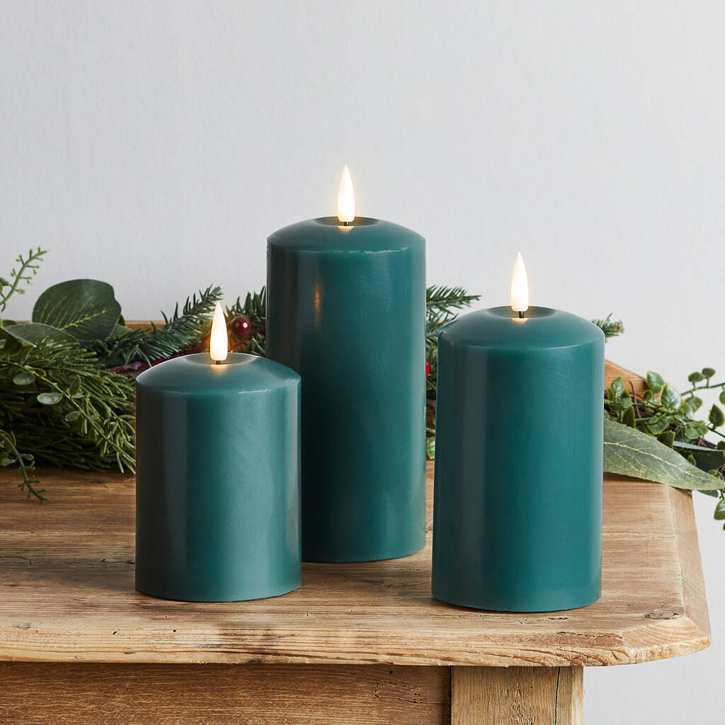 Trio Of Pine Green Realistic Flame LED Candles By Lights4fun
