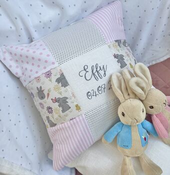 Personalised Pink And Grey Bunny Name Cushion, 10 of 10