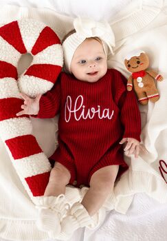 Christmas Embroidered Personalised New Baby Knitted Romper, 4 of 12