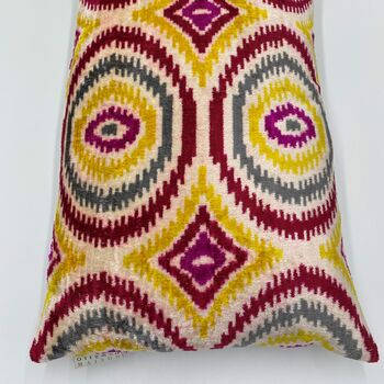 Oblong Ikat Velvet Cushion Multi Coloured Circles, 5 of 9