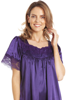 British Made Purple Short Sleeved Satin Nightdress With Lace Detail Ladies Size 8 To 28 UK, 3 of 5