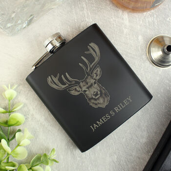 Personalised Stag Design Black Hip Flask Gift For Him, 2 of 6